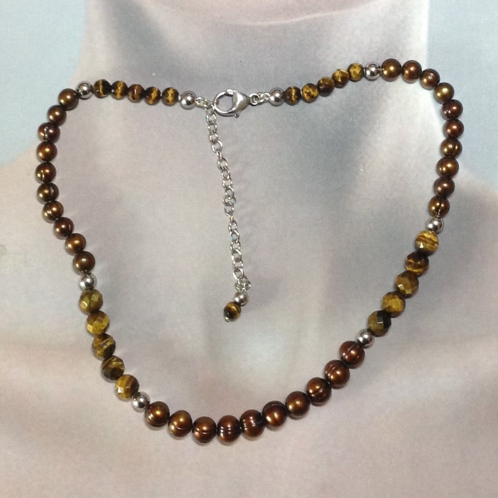 Freshwater Pearls And Faceted Tiger-Eye Beads Necklace
